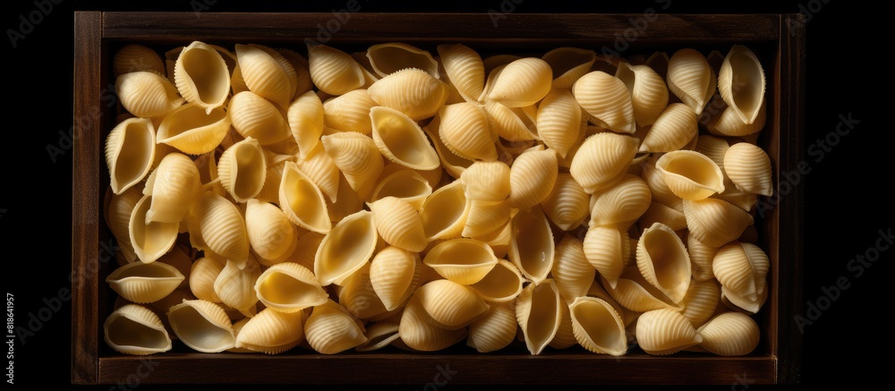 Poster A close up top view of raw pasta shells arranged in a wooden box against a black wooden backdrop creating a copy space image