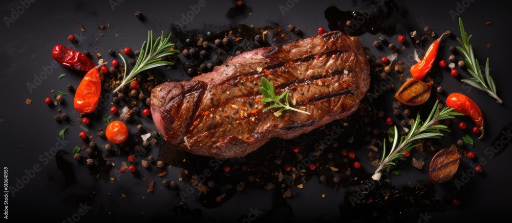 Aufkleber top view of a delicious steak being cooked on a dark background with ample copy space for an image