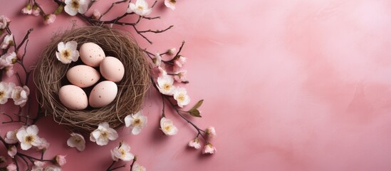 There is a flat lay view of painted eggs in a nest surrounded by floral branches on a pink paper background The image has copy space - Powered by Adobe