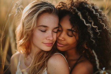Obraz premium A couple of lesbian women, one afro with curly brown hair and the other blonde Caucasian, in the middle of the field under the sunlight showing affection, love and complicity