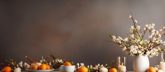 A beautifully arranged Easter dinner table with festive decorations including eggs Copy space image
