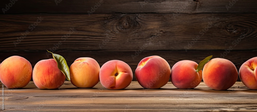 Poster A copy space image of fresh peaches placed in close proximity on a rustic wooden table