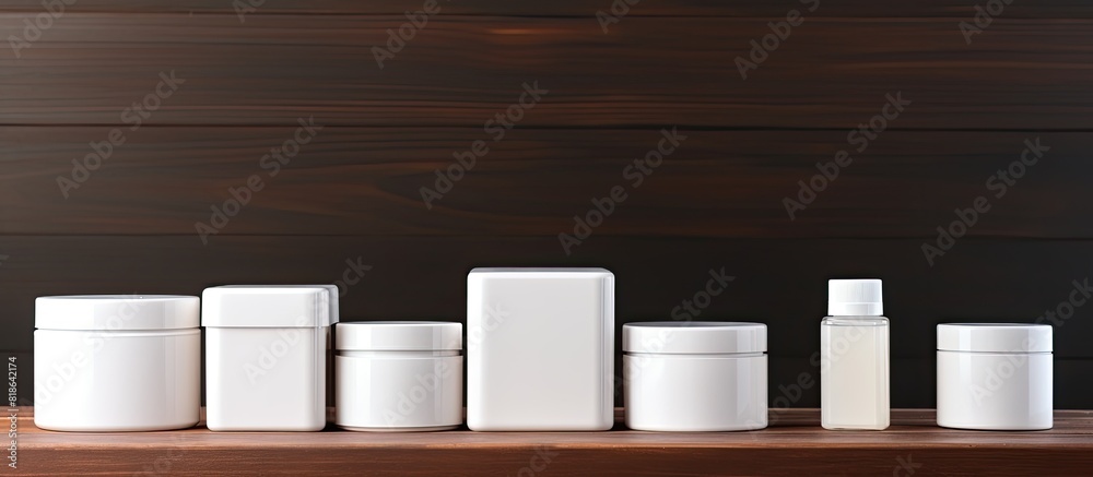 Aufkleber clean white plastic containers are arranged on a brown wooden table creating a pristine setting with