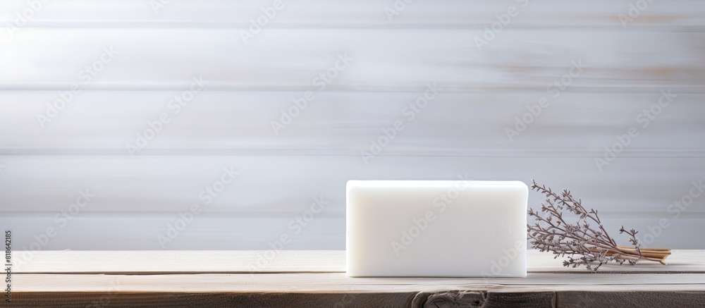 Poster a copy space image of soap placed on a pristine white wooden table