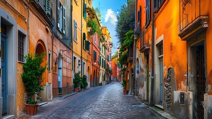 Charming cobblestone street winding through a historic European town, lined with colorful buildings.