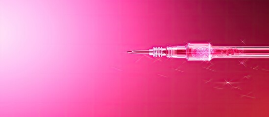 A pink background showcases a solitary injection syringe providing ample copy space for text