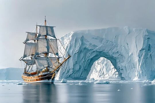 Majestic Sailing Ship, A 108ft two-masted vessel navigating through icy waters with a massive blue iceberg arch in the background, Greenland.
