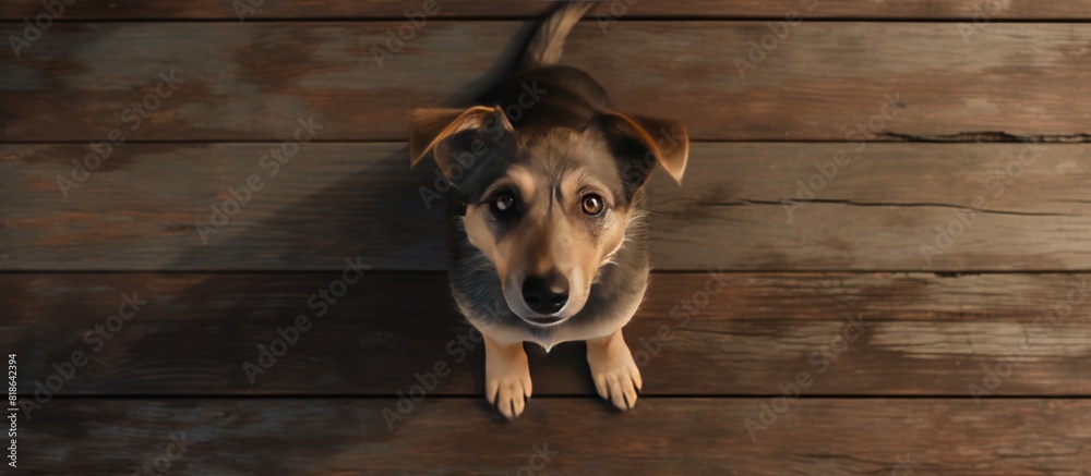 Poster a cute chinese rural dog standing on a wooden floor looking at the camera from a high angle view wit