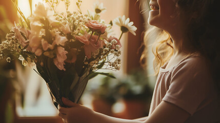 Flowers bouquet in the hand of a little girl