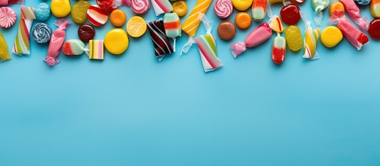 Top view of colorful candies wrapped in vibrant wrappers set against a light blue backdrop Ample copy space available for text