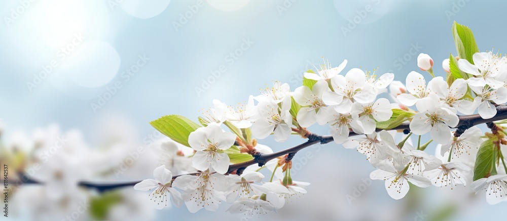 Poster a beautiful spring background with numerous blooming cherry twigs creating a picturesque scene in na
