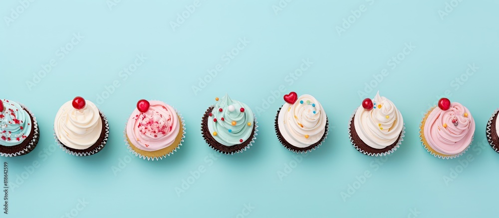 Poster a flat lay composition featuring cupcakes on a light blue background with room for text perfect for 