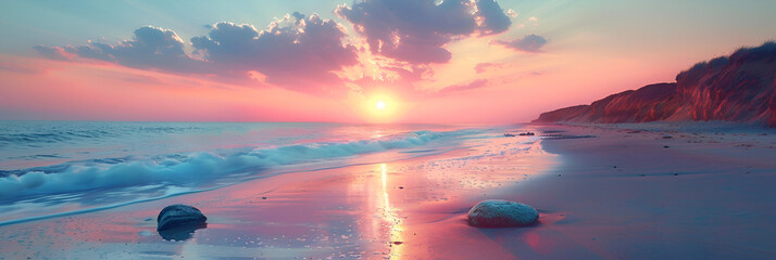 Photo of Cluster of Rocks on Sandy Beach ,
Inspirational calm sea with sunset sky meditation ocean...