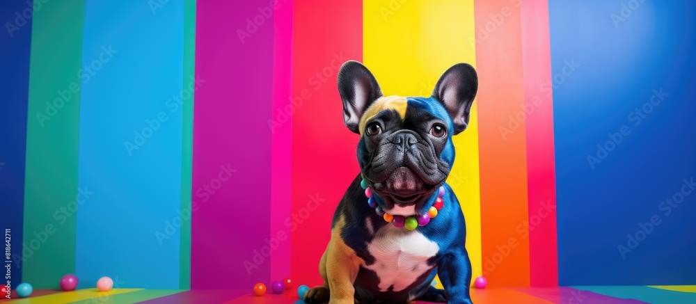 Poster a stylish french bulldog posing on a colorful background with enough space for copy or text