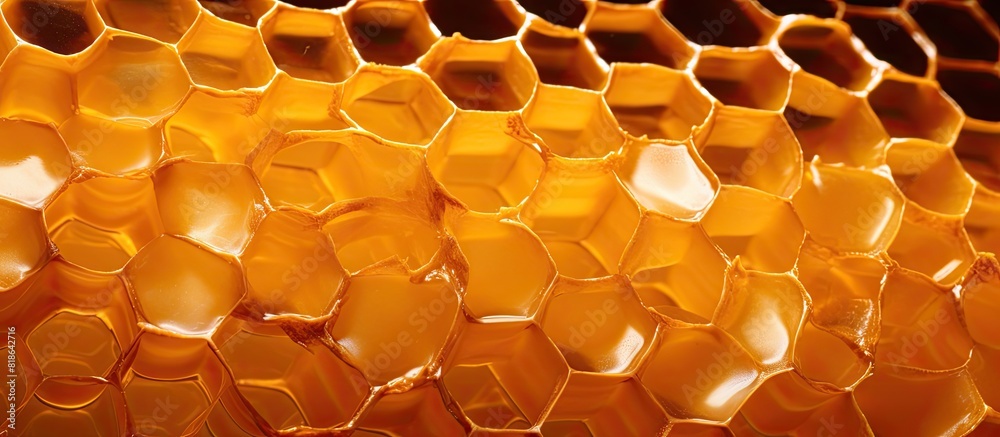 Poster Close up of honeycombs filled with delicious golden honey creating a captivating background texture and pattern in this copy space image