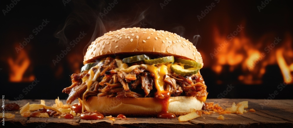 Aufkleber a copy space image of a mouthwatering pulled pork sandwich with melted cheese served on a rustic woo