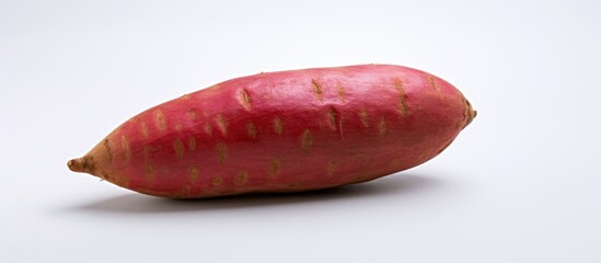 Copy space image of a vibrant red sweet potato against a white backdrop