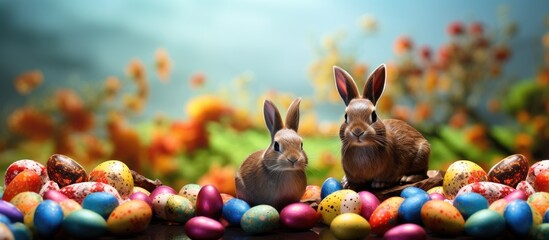 An image depicting chocolate rabbits placed against a vibrant backdrop of colored eggs. Creative banner. Copyspace image
