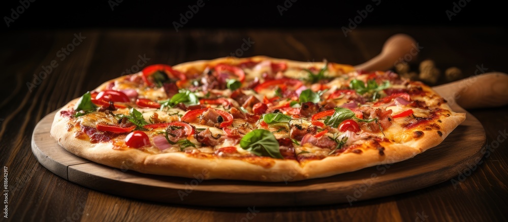 Aufkleber A view from above showcasing a delicious pizza placed on a wooden table in a cozy cafe with ample copy space for an image