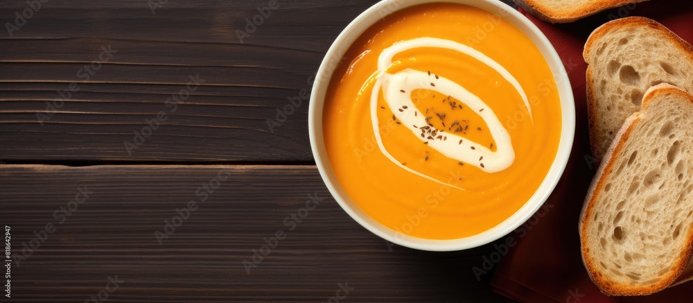 Poster a top view image of a bowl containing dietary pumpkin cream soup with toast bread providing a free c