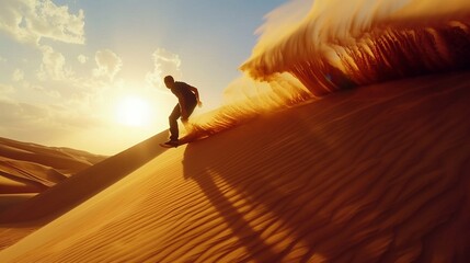 Sandboarding down towering dunes in a vast desert landscape.