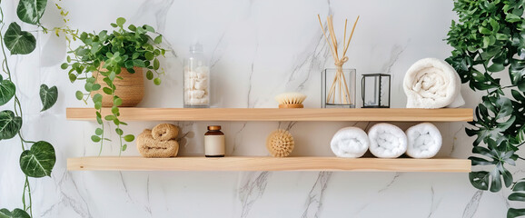 Minimalist bathroom shelf adorned with eco-friendly skincare essentials, conscious self-care rituals.