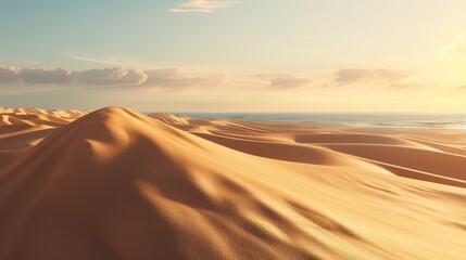 Sand dunes sculpted by the wind, stretching endlessly towards the shimmering expanse of the sea.
