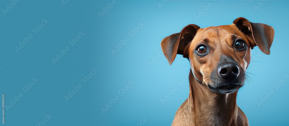 Poster a dog portrait on a plain blue backdrop providing ample copy space for other elements in the image