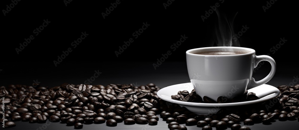 Aufkleber A monochrome cup of coffee with coffee beans nearby creating a visually appealing image with plenty of blank space to add text or designs. Creative banner. Copyspace image