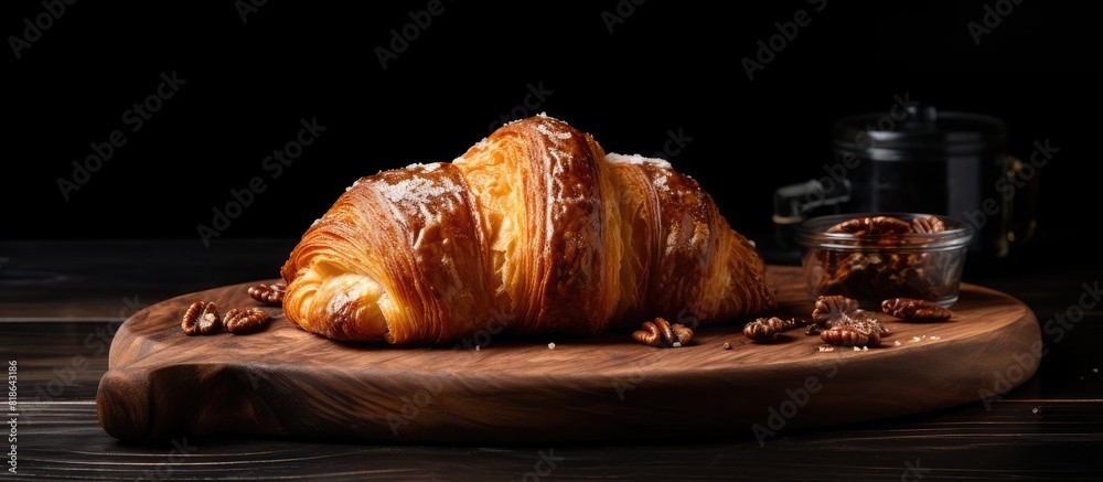 Poster a walnut croissant is placed on a wooden table in a homemade bakery the background is black providin