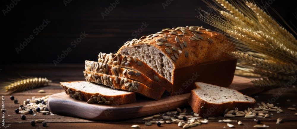 Poster A copy space image of sliced brown bread with seeds is displayed on a rustic wooden background creating a fresh and wholesome atmosphere