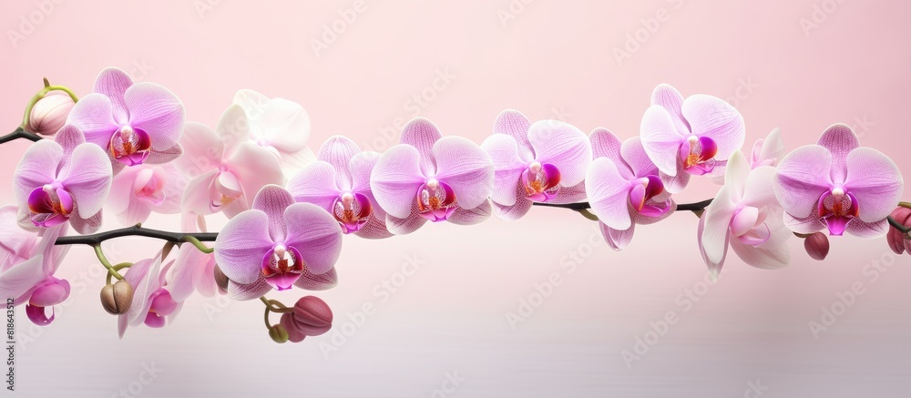 Poster a beautiful display of pink orchid flowers in full bloom set against a creamy background with plenty