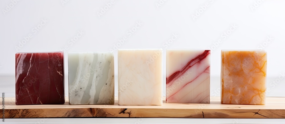 Poster Homemade soap blocks with a marble pattern placed on a white wooden surface providing ample copy space for images