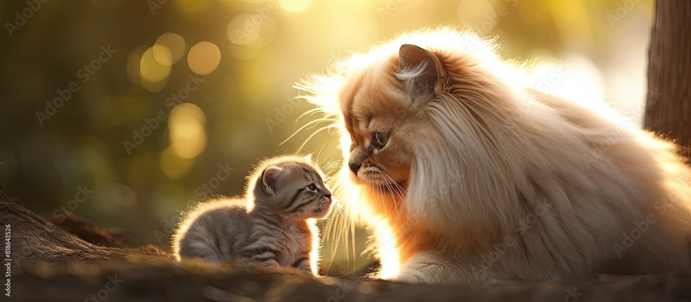 Poster a beautiful european persian cat plays with a playful puppy in this charming image leaving plenty of