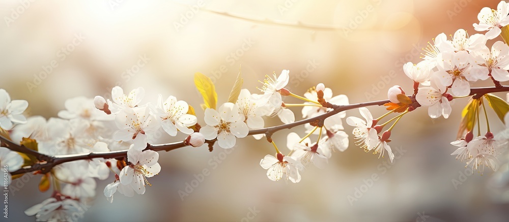 Poster a beautiful spring background with numerous blooming cherry twigs creating a picturesque scene in na