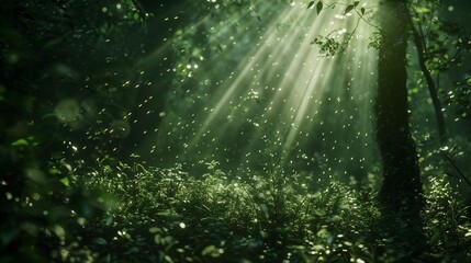 Sunbeams piercing through a dense canopy, casting intricate patterns of light and shadow on the forest floor.