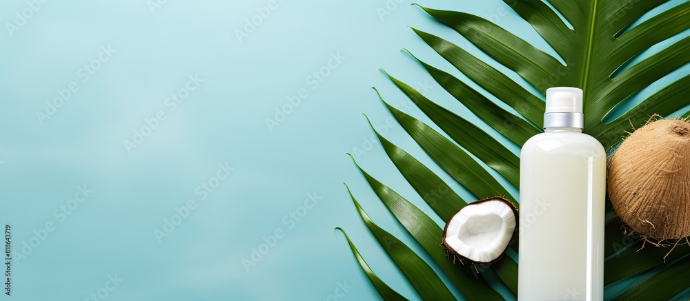 Poster a color background highlights a flat lay composition of body care cosmetics creating an aestheticall