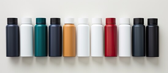 A variety of deodorant bottles neatly arranged on a white table with plenty of blank space for adding text. Creative banner. Copyspace image