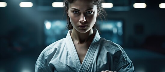 A female fighter poses in a karate stance against a composite indoor image leaving plenty of copy space for text or graphics