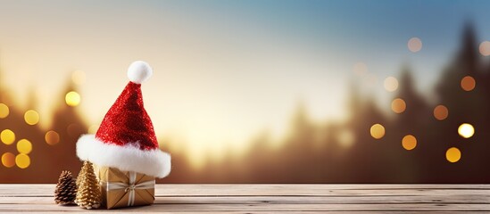 A festive Santa hat adorned with Christmas decorations sits on a wooden board creating the perfect copy space image
