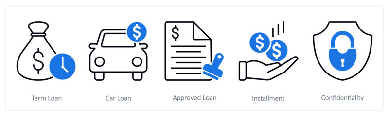 A set of 5 Banking icons as term loan, car loan, approved loan