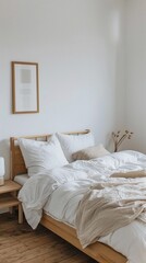 Fototapeta na wymiar Minimalist Bedroom with white walls, a low-profile bed, simple bedding, and minimal decor