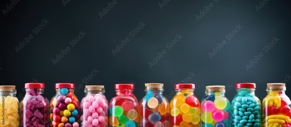 Poster A copy space image of colorful candy filled bottles placed on a table