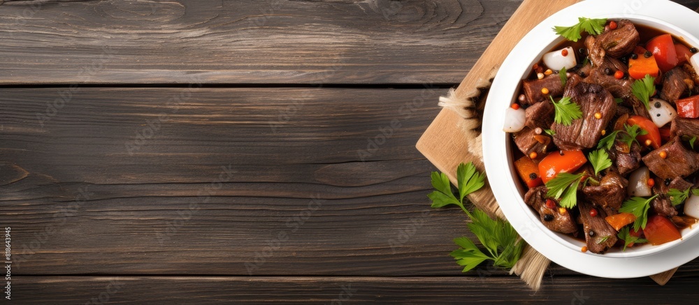 Poster Top view copy space image of a beef stew with a delectable mix of meat and vegetables placed on a white wooden table