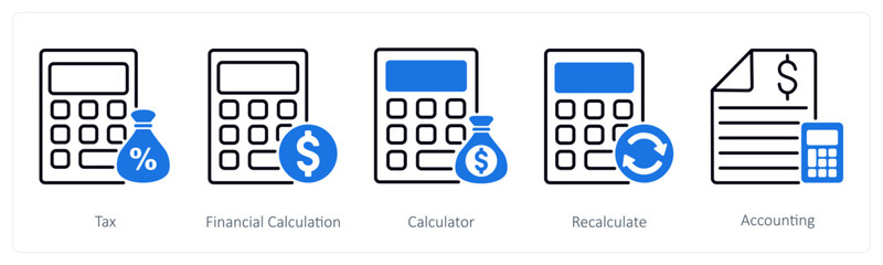 A set of 5 Banking icons as tax, financial calculation, calculator