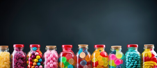 A copy space image of colorful candy filled bottles placed on a table