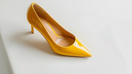 Chic yellow pumps poised gracefully on a bright white background, radiating style and flair with every step.
