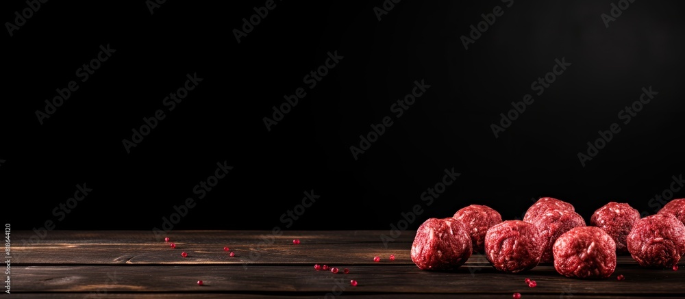 Poster copy space image of fresh raw beef meatballs placed on a black wooden table background invitingly pr