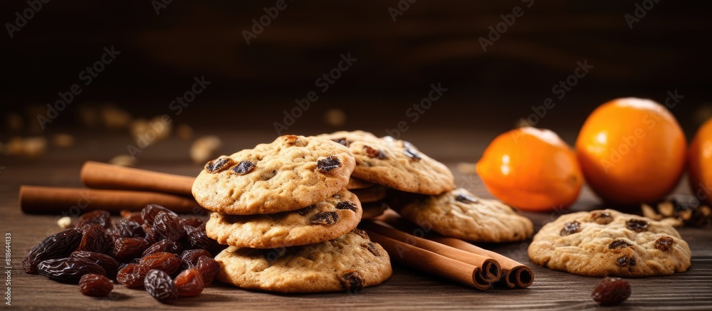 Poster on a wooden table a brown mask of homemade oatmeal cookies with raisins is displayed creating a copy