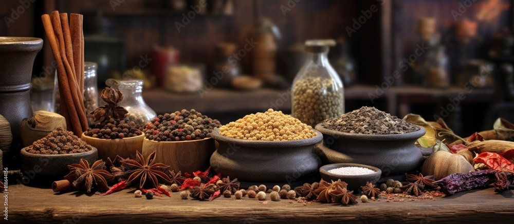 Poster a variety of spices accompanied by a mortar is placed on a wooden table in the kitchen the image pro